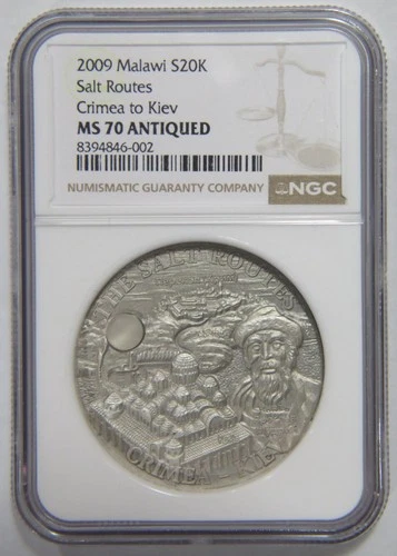 MALAWI SILVER 20 KWACHA SALT ROUTES SERIES CRIMEA KIEV NGC MS70 ANTIQUED GRADED