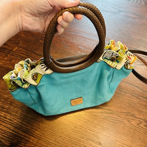 Retro Relic Handbag Purse Crossbody Woven Circle Handle Blue Floral - Picture 16 of 16