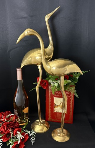 Brass Flamingo Statues MCM Tall Decorative Brass Beach Flamingo Decor 20" / 24" - Picture 7 of 11