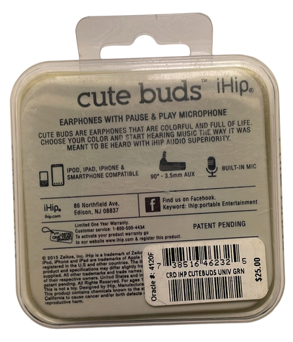iHip Cute Buds Earbuds w/ Built-in Microphone / Pause Play - Green - Picture 2 of 4