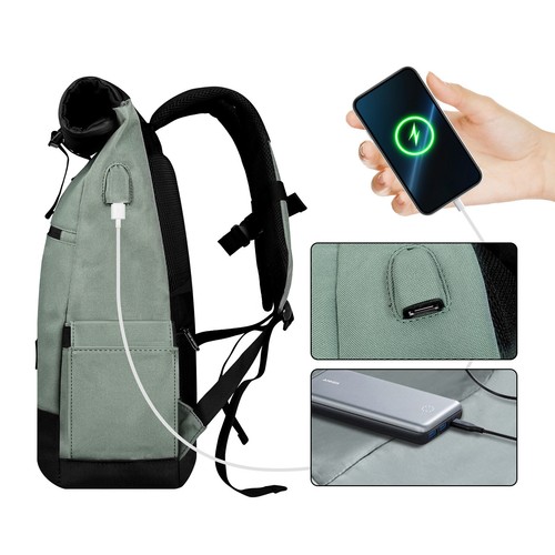 Rolltop Rucksack Damen Herren Wasserfester Rucksack mit USB Schulrucksack DHL - Bild 5 von 11