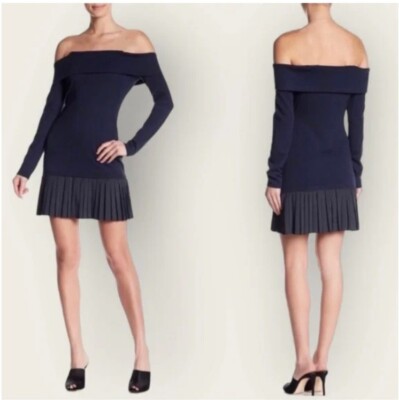 Derek Lam 10 Crosby Navy Blue Dress Pleated Size S Small Off The Shoulder |  eBay