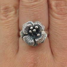 925 Sterling Silver Vintage Flower Blossom Oxidized Ring Size 7