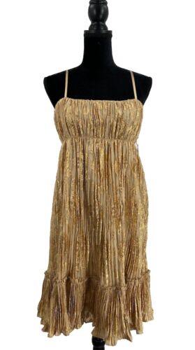 Calvin Klein Vintage Gold Metallic Pleated Empire Waist Cottagecore Dress Size 8