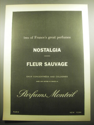 1958 Germaine Monteil Nostalgia and Fleur Sauvage Perfume Advertisement