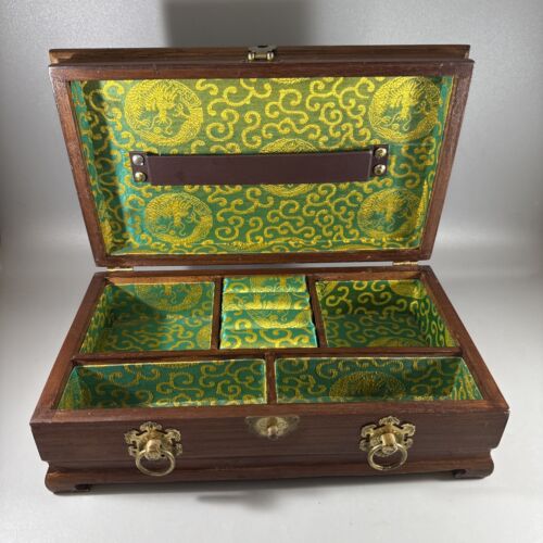 Vtg 1940s Asian Handcarved Wooden Jewelry Box Silk Lining Republic Of China