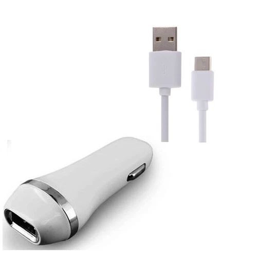 White Color 2.1 Amp Auto Car Charger Adapter + USB Data Charging Cable Cord For