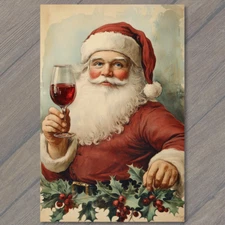 POSTCARD Santa Claus Festive Holly Red Wine Toast Retro Christmas Celebration