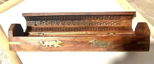 BRASS INLAID CARVED-WOOD  HINGED INCENSE BOX MID CENTURY - Picture 1 of 11