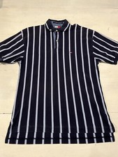 Tommy Hilfiger Blue Polo Shirt Striped Size Medium Flag Logo Short Sleeve  E8