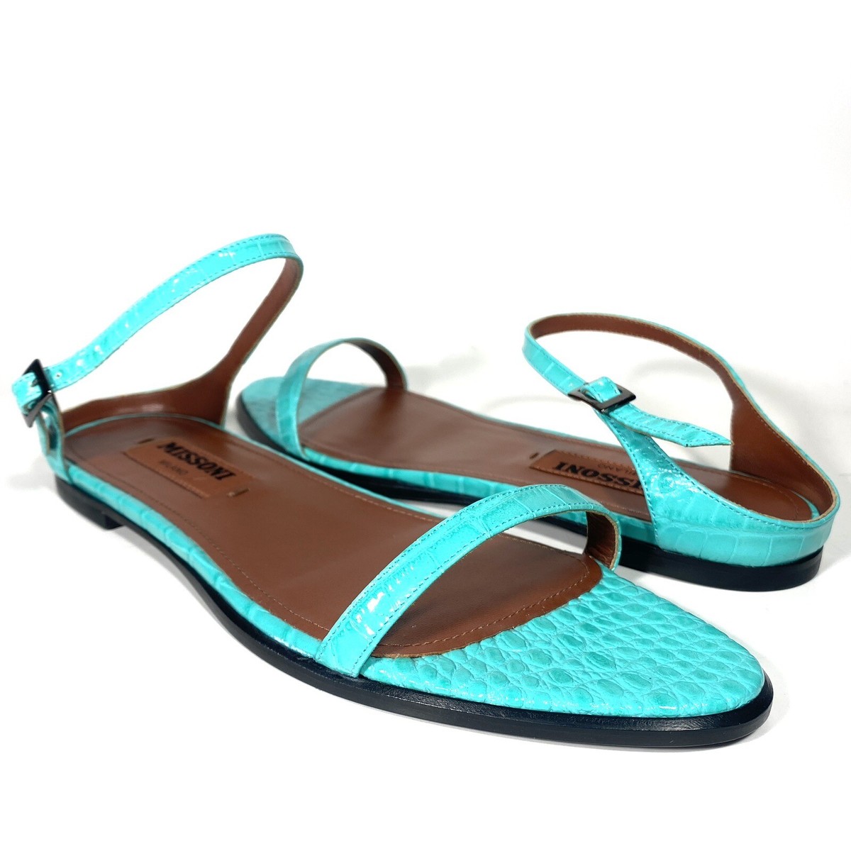サンダル・ミュール MISSONI Women Sandals MWB009083 SEA BLUE MISSONI Womens Crocodile Embossed Leather Flat Sandals