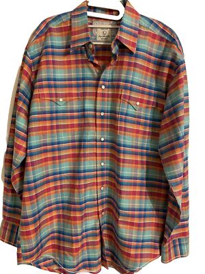 PANHANDLE Rough Stock Women Shirt L Pearl Snap Multicolor Plaid Roll Tab Sleeves