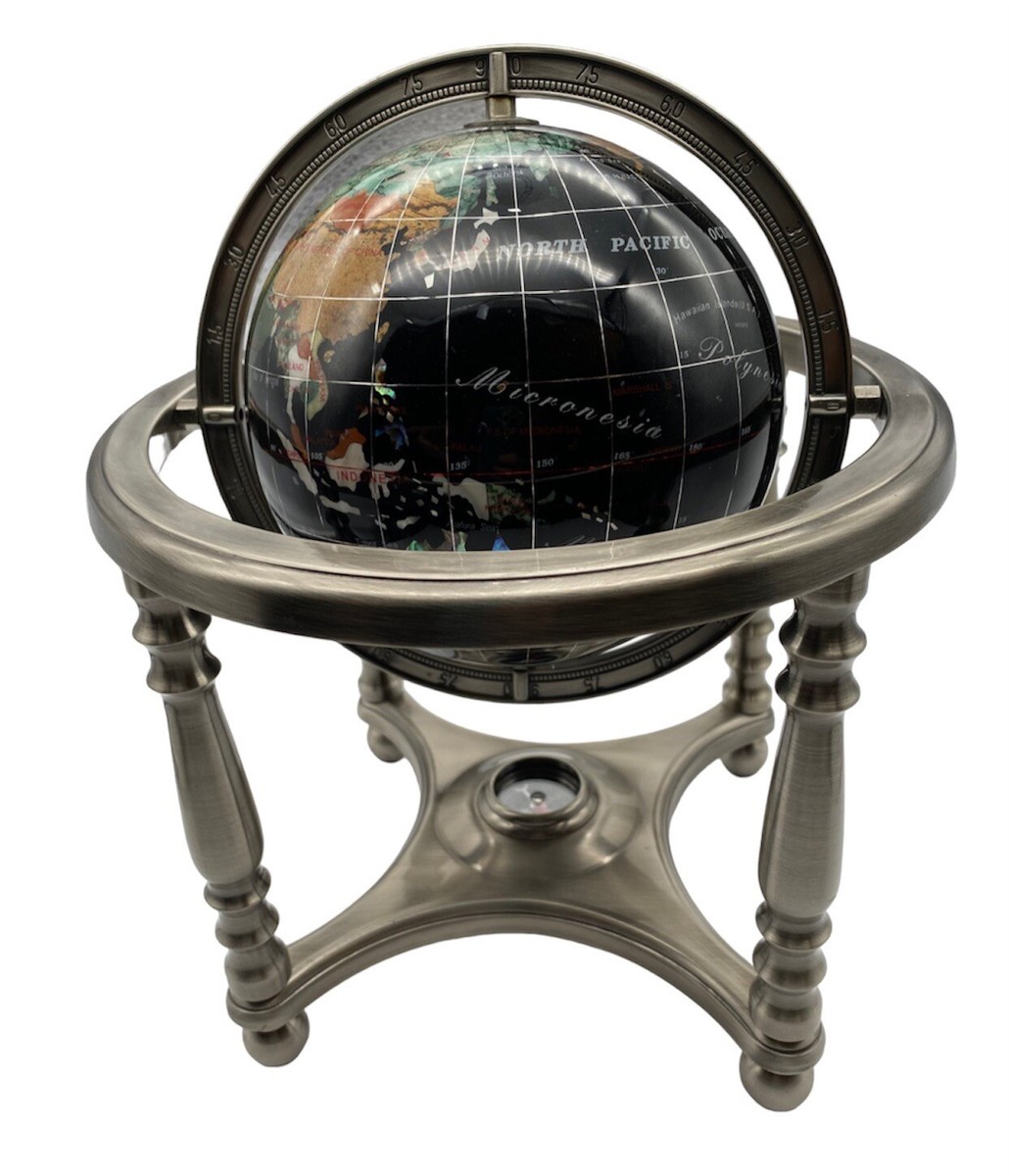 10” Tall Black Onix Ocean Table Top World Map Gemstone Globe 4-Leg