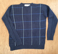 BILL BLASS Sweater MENS LARGE Crewneck NAVY CABLE KNIT WINDOWPANE CHECK y2k 90s