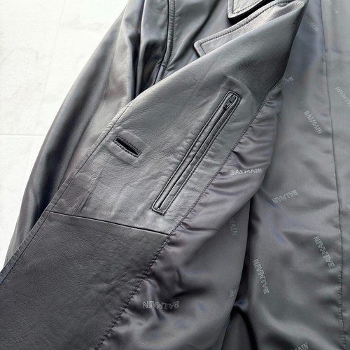 BALMAIN Leather Long Coat Belted Trench Coat Black Jacket Lambskin USED - Picture 11 of 13