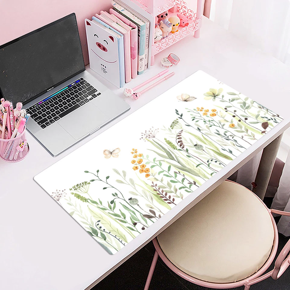 Yellow Floral Mouse Pad Green Leaf Desk Mat for Keyboard and Mouse Desk Pad - Image 2 of 4