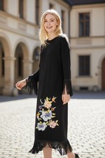 Zara Trafaluc Black Boho Fringe Dress Embroidered Floral Festival Size S/M