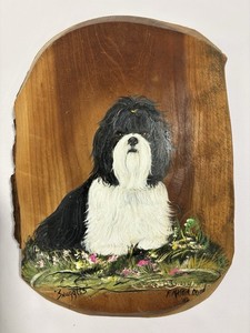 Hand Painted Dog SHIH TZU (?) on Raw Edge Wood Piece "Snuggles" Virginia Artist
