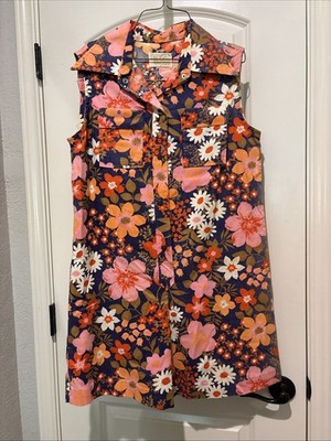 Vintage Mod Miss Elaine Romper M Sleeveless Flared Collar Snaps 60 s Retro USA