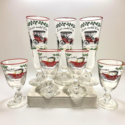 VTG MCM LIBBEY Horseless Carriage Pilsner & Cocktail Glasses Barware Set of 7