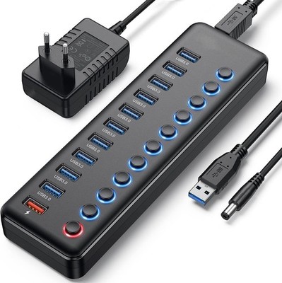 Aktiver USB Hub 11-Port USB 3.0 mit Einzelschalter für PC Mac