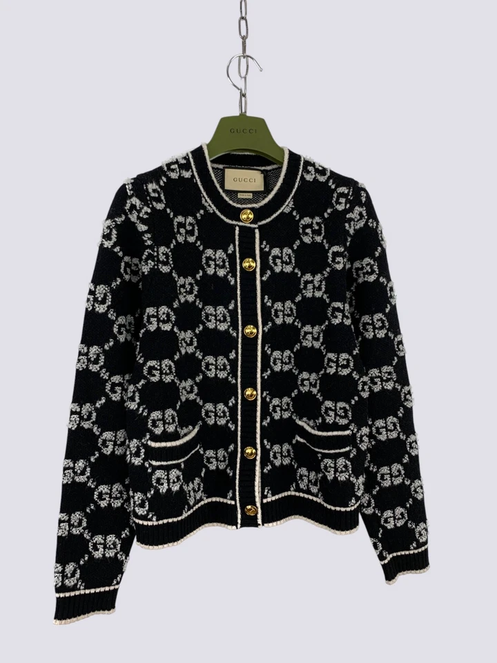 Cárdigan Suéter Gucci GG Monograma Lana Jacquard Rizado Negro Talla M Foto 4 de 4