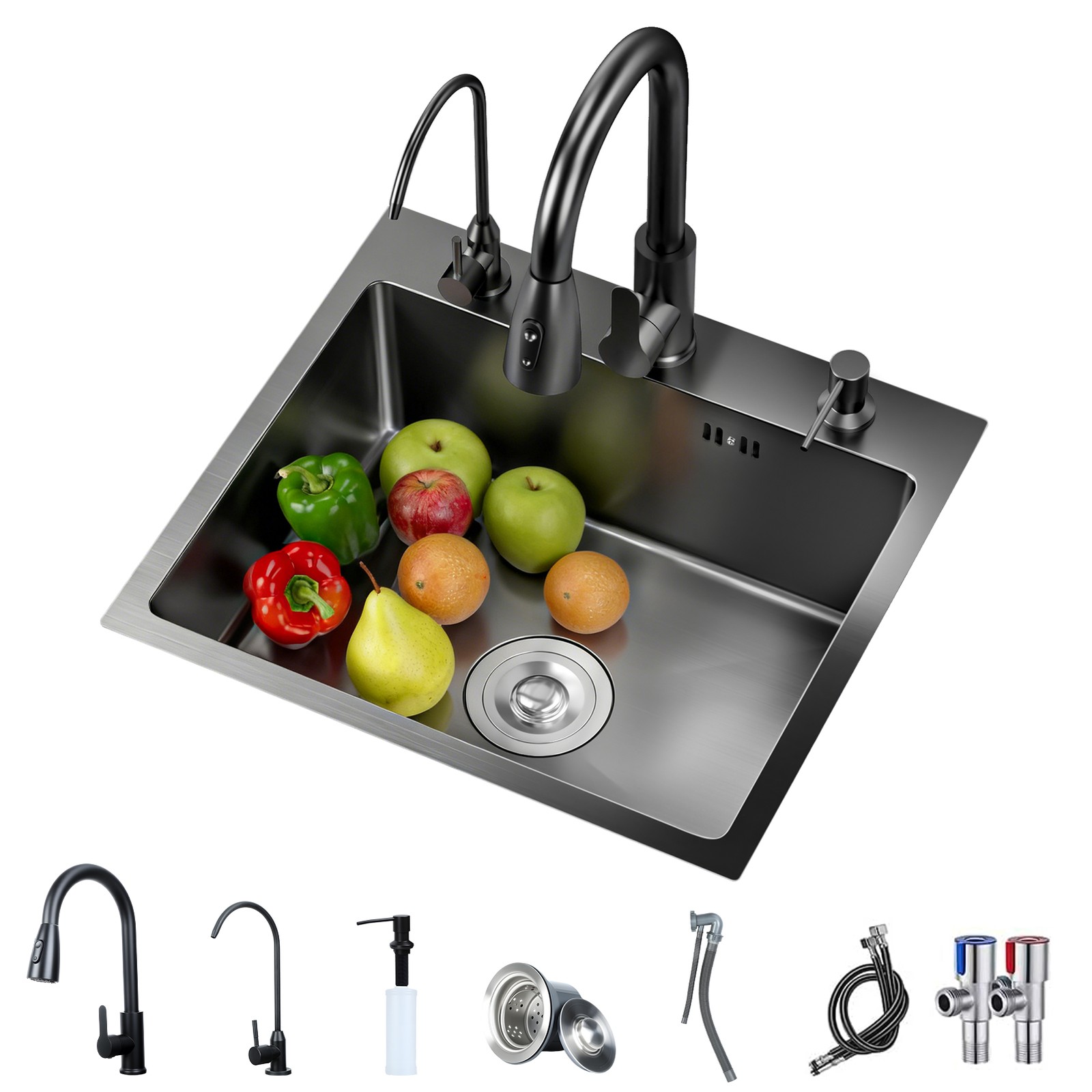 Kitchen Sink Drop In Stainless Steel Single Bowl Top Mount w/ Faucet Set