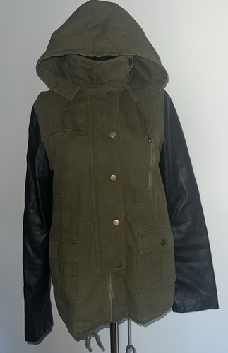Womens Jacket Green Full Zip Faux Leather Sleeves Pockets Size Large - Picture 3 of 11