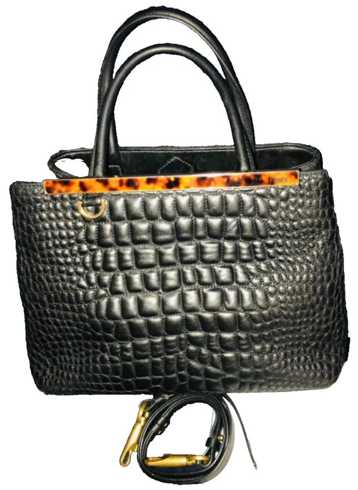 Fendi Black Croc Embossed Leather Medium 2Jours Tote - Image 3 of 4