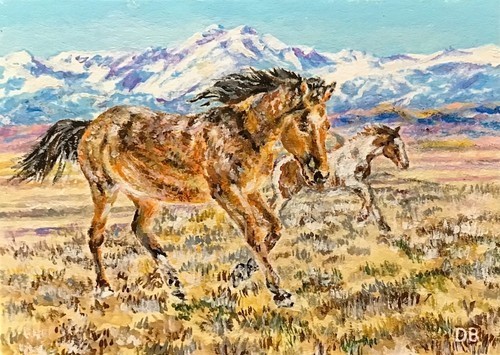 ACEO Original Art Horses Running Acrylic and Gouache Painting Denise Baptista