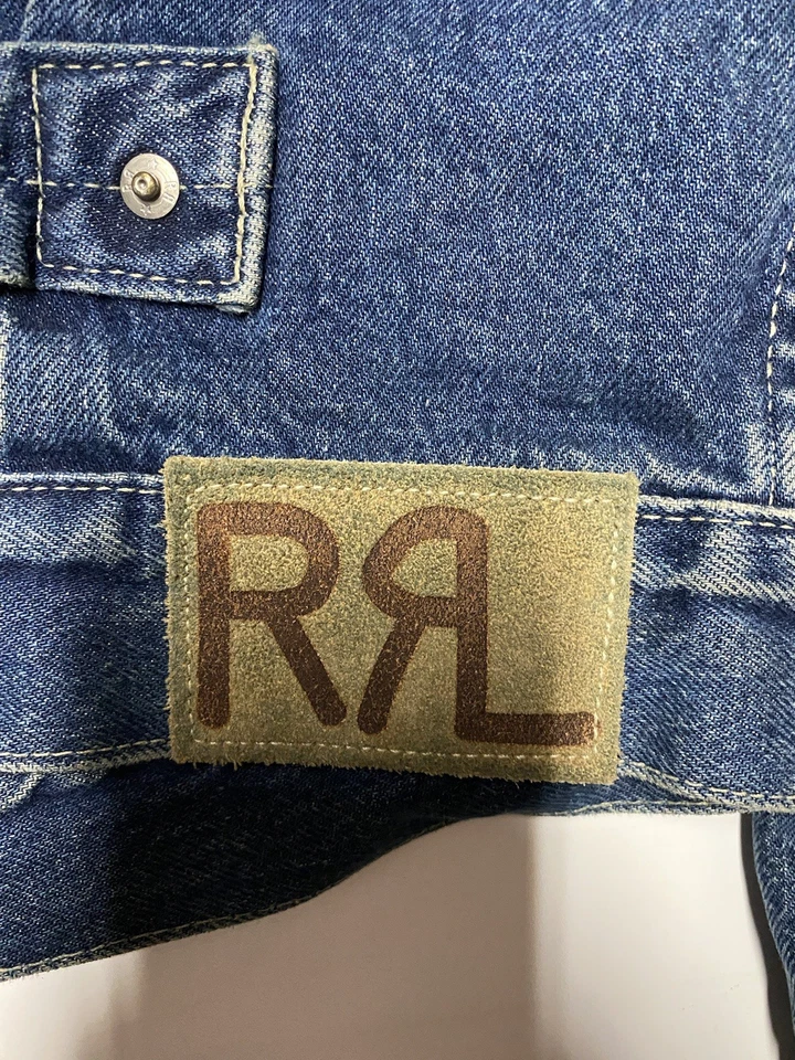 Chaqueta de mezclilla RRL Ralph Lauren para hombre pequeña forrada azul jean hebilla tarea trasera Foto 4 de 4