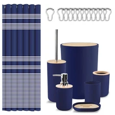 Bathroom Accessories Sets, Blue Shower Curtain Set with Trash Can, Soap Dispe...