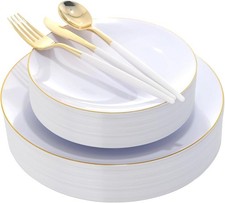 150Pcs Gold Plastic Plates W/ Disposable Silverware White Gold Disposable