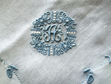 A Vintage White Hankie Pale Blue Monogram A Madeira Hand Embroidered NEW Label
