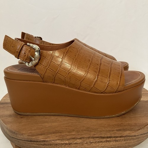 FITFLOP Eloise Leather Wedge Sandals Brown Croc Print Size 5
