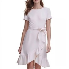 Calvin Klein womens sz 2 Faux Wrap Ruffle tulip Hem Dress short sleeve pale pink