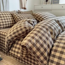 Brown Gingham Duvet Cover Set King 100 Washed Cotton Beige Plaid Checkered D...