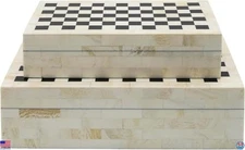 Chic Set of 2 Checkered Storage Boxes with Lids – Black & Ivory Wood Organizers