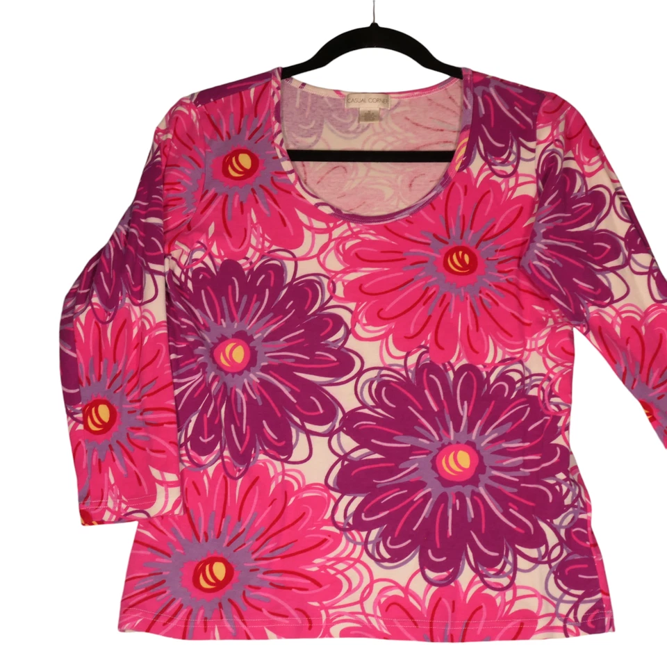 Top informal tejido en esquina para mujer M rosa púrpura artístico audaz floral 100 % algodón boho Foto 3 de 4