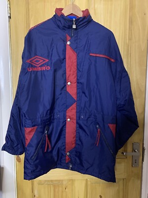 Vintage 90s Umbro Padded Bench Coat Blue Red Football Jacket Size 2XL