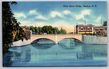 Nashua New Hampshire Linen Postcard Main Street Bridge Arch Style Water 