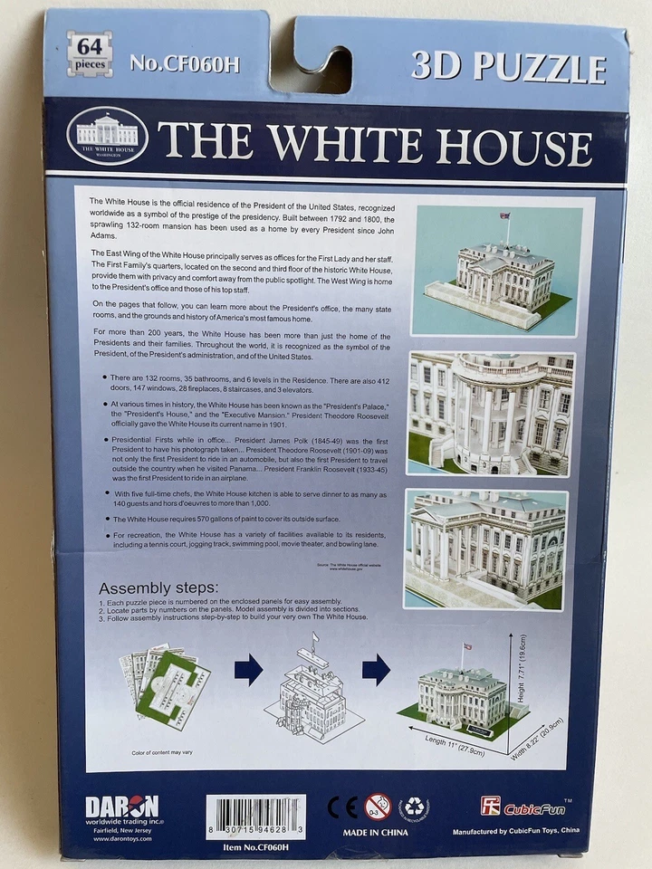 Daron 3D головоломка Белый дом 64 изделия 11 «x 8» x 8» новый - Изображение 2 из 2