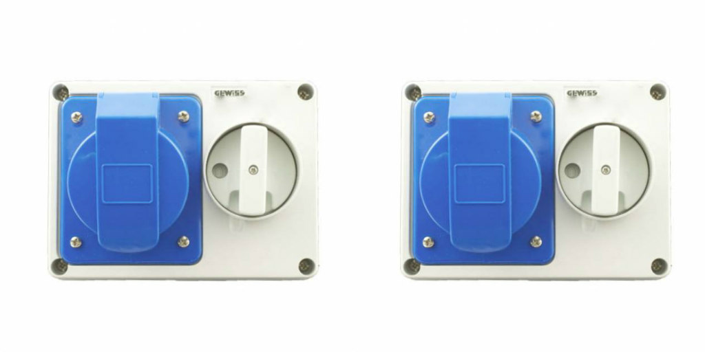 2 x Gewiss GW66015 Wall Mounted Sockets with interlock 32a Two Pin & Earth Blue
