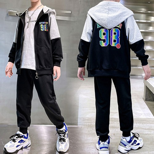 Boys Tracksuit Outfits Hooded Sports Two-Piece Zipper Sweatshirt Color Block - Picture 15 of 30