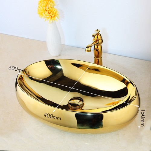 24"Gold Ceramic Oval Basin Bowl Bathroom Vessel Sinks Mixer Faucet Pop Drain Kit - Picture 3 of 7