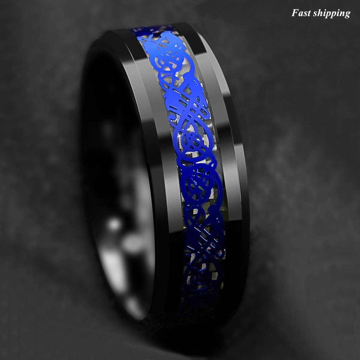 Tungsten Carbide Ring – Black Celtic Dragon With Blue Carbon Fiber, Men's 8/6mm Band