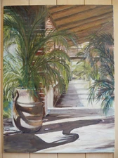 MYSTERY ARTIST, VINTAGE COURTYARD SCENE CA SPANISH ? IMPRESSIONIST OIL PAINTING