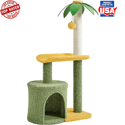 Coconut Palm Cat Tree 37'' Scratching Post Condo Bending Perch Interactive Toy
