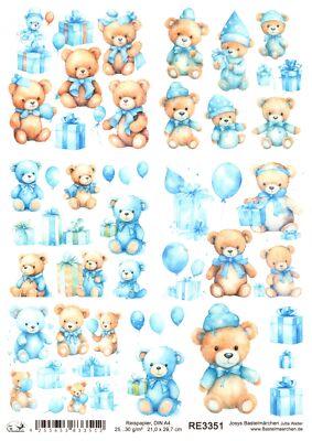 Reispapier A4 Strohseide Decoupage Baby Kindergeburtstag blau Junge RE3351