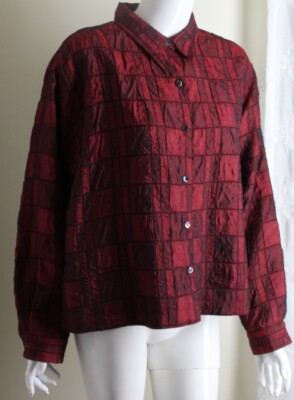 Chico's Sz 2 L Red Quilted Check Crinkle Modernist Art-to-Wear Jacket Funky